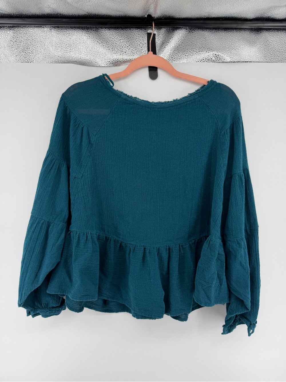 FP Teal‎ Gauze Peplum Blouse Ruffle  Sleeve Fairycore Cottage Boho SzM